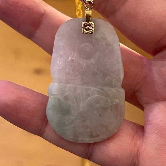 Hand carved icy lavender green jadeite jade gold tone pendant